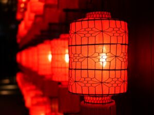 shallow focus photography of red paper lanterns