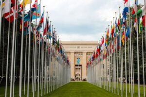 From below of various flags on flagpoles located in green park in front of entrance to the UN headquarters in Geneva
