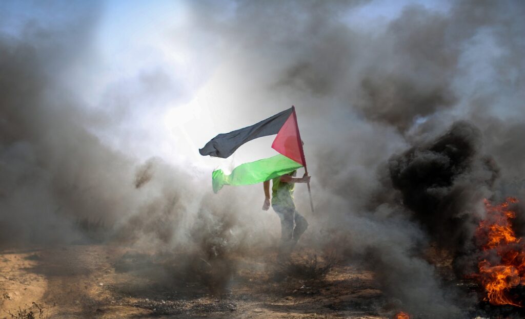 man, palestinian flag, smoke