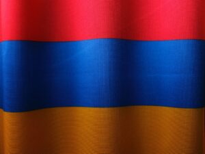 a close up of a red, blue, and yellow curtain