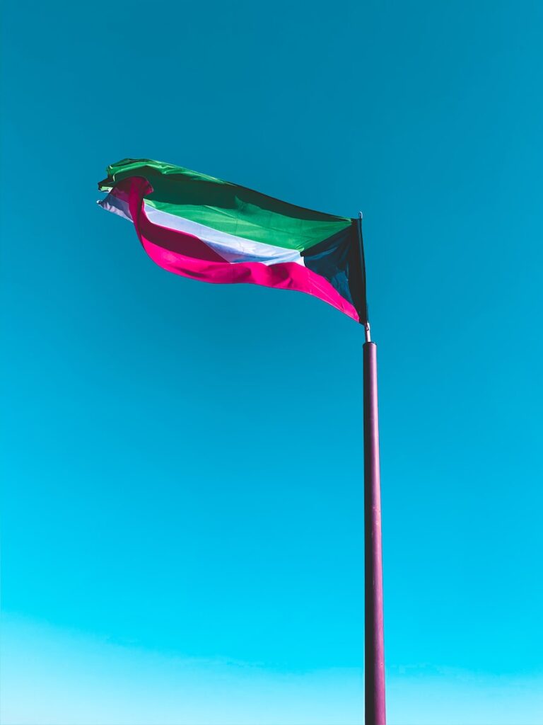 a flag flying in the wind on a beach