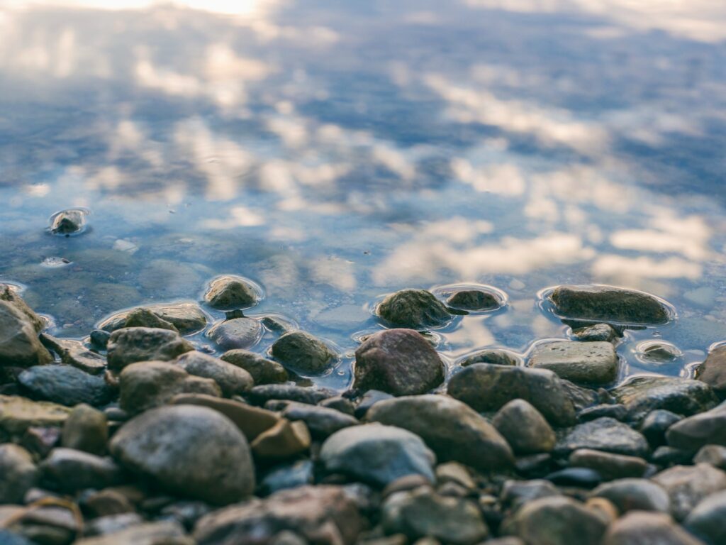 focus photography of stones near body of water