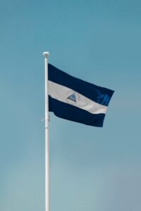 a blue and white flag on a flagpole