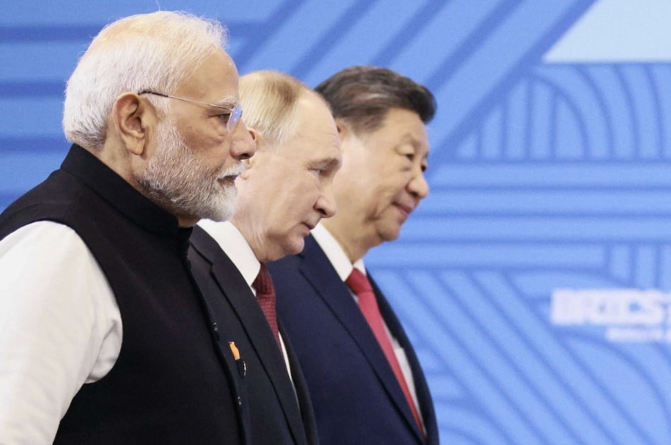 俄羅斯總統普京（Vladimir Putin）、中國國家主席習近平、印度總理莫迪（Narendra Modi）-2024金磚峰會