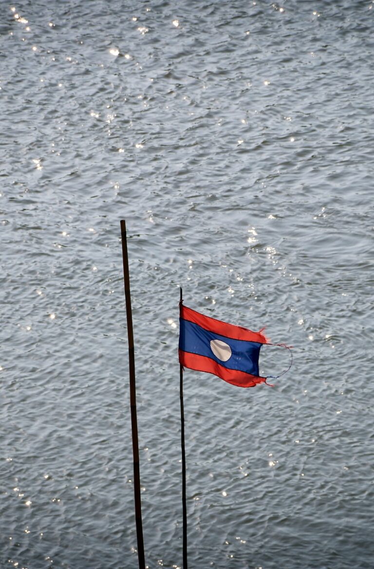 blue and red flag on pole on body of water