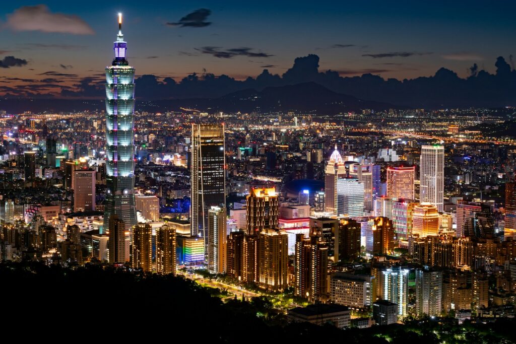 city skyline during night time